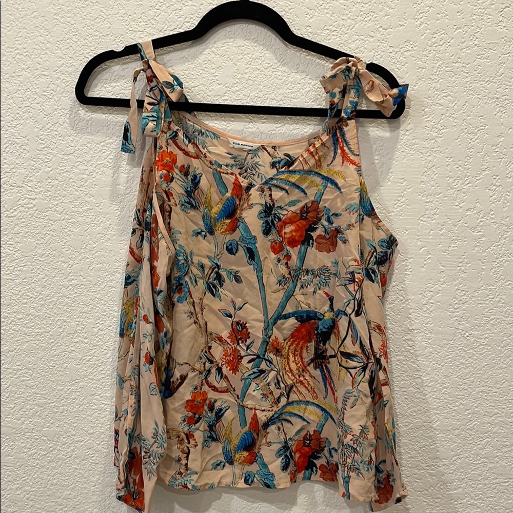 Club Monaco Cold Shoulder Tie Silk floral Print blouse